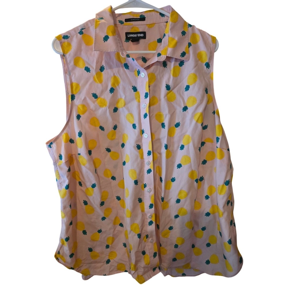 Lands End Button Front Pineapple Print Sleeveless Top 20 Womens Plus Size Pink